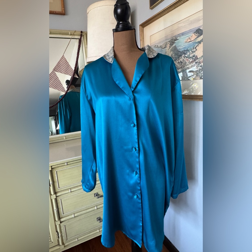 Vintage Victoria's Secret Satin Teal Button-Front Sleep Shirt